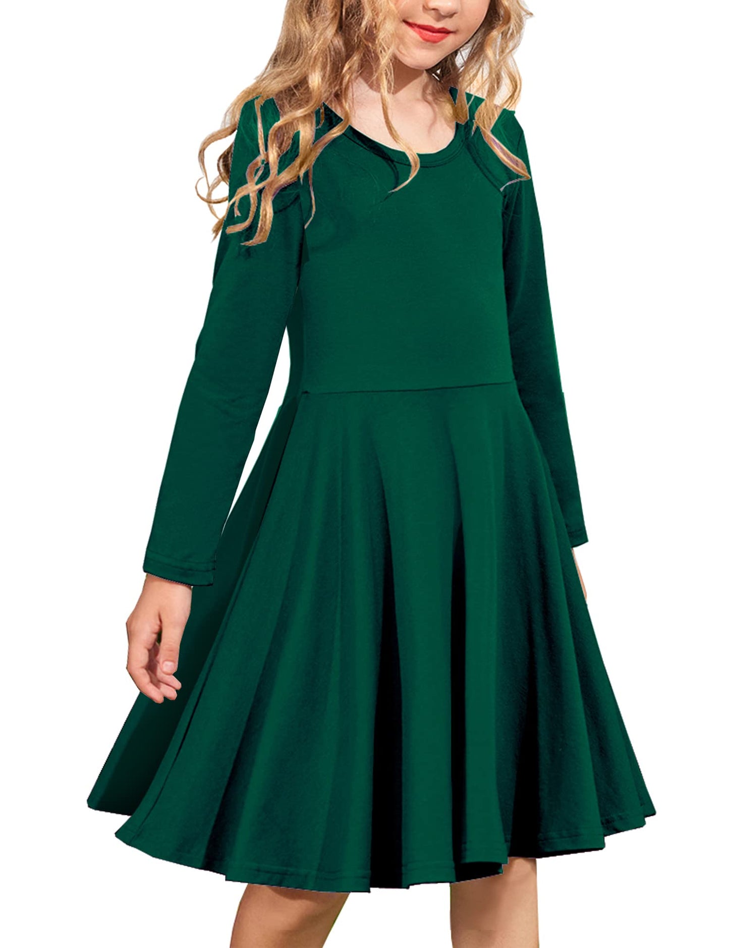 Arshiner Girls Long Sleeve Stretchy Dress A line Twirly Skater School Party Dress