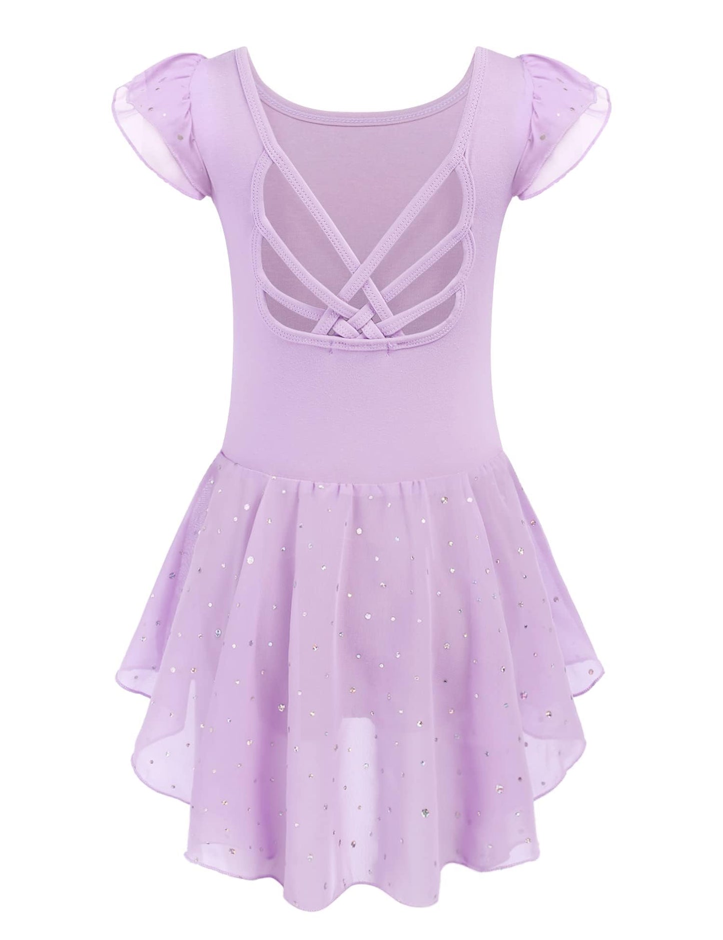 Arshiner Girls Shiny Ruffle Sleeve Ballet Leotard with Skirt Criss-Cross Back Dance Dresses
