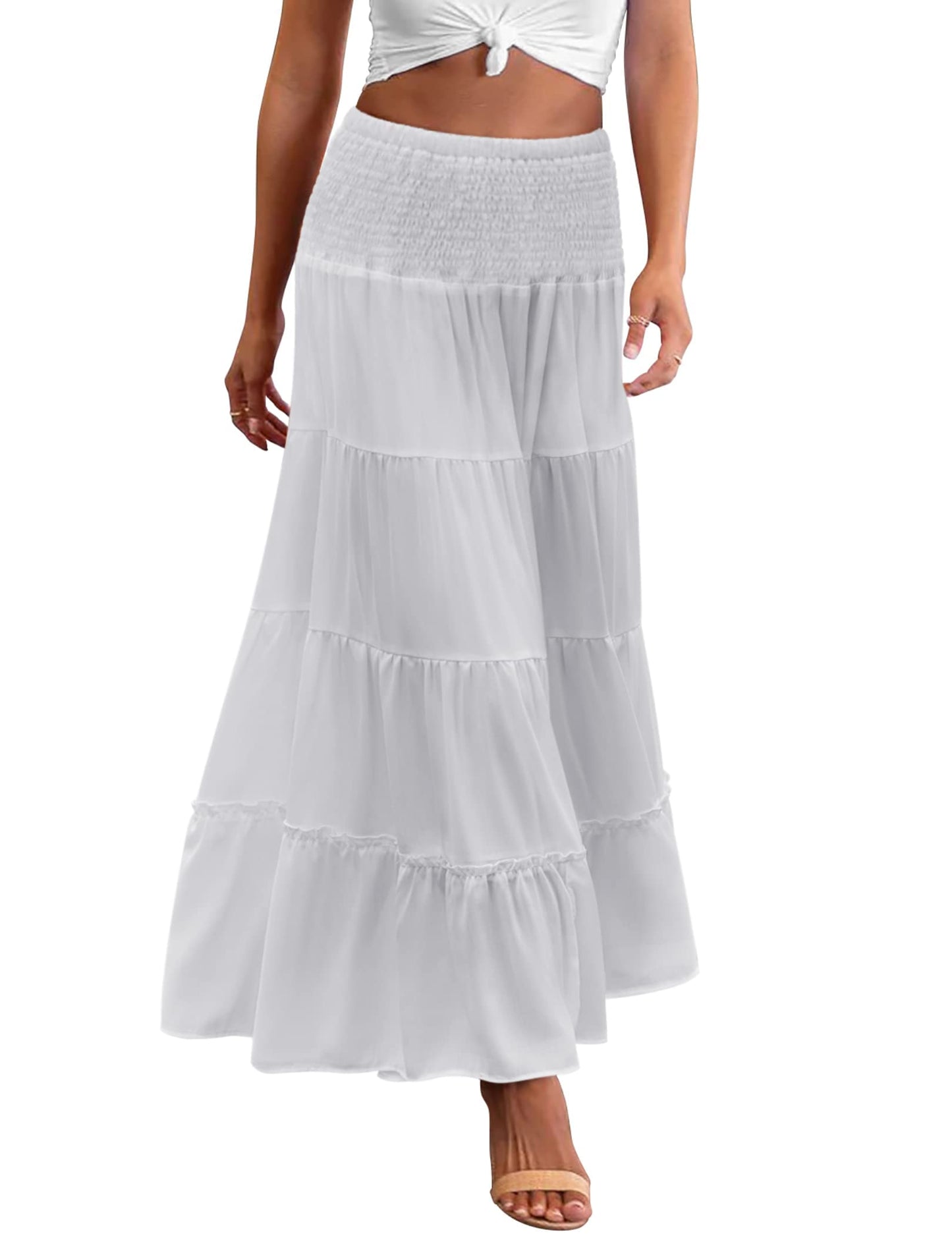 Zeagoo Women's Long Maxi Skirts Tiered Elastic High Waist Boho Double Layered Print A-Line Casual Midi Dress