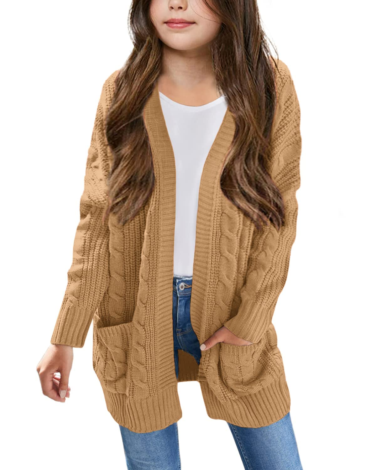 Arshiner Girls Open Front Cardigan Long Sleeve Casual Kids Fall Clothes Solid Thick Chunky Sweater Coat with Pockets