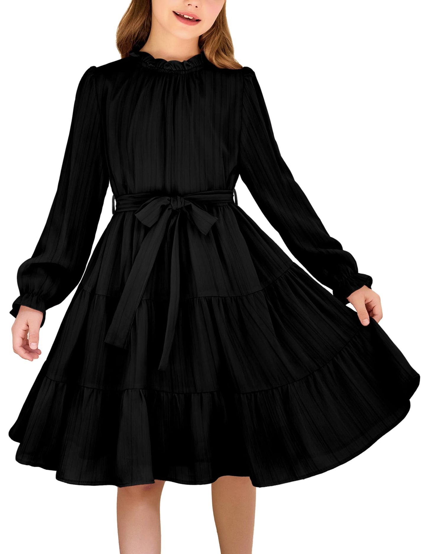 Arshiner Girls Long Sleeve Dress Tween Fall Formal Party Holiday Midi Tiered Flowy Swing Dresses with Belt 5-13 Y