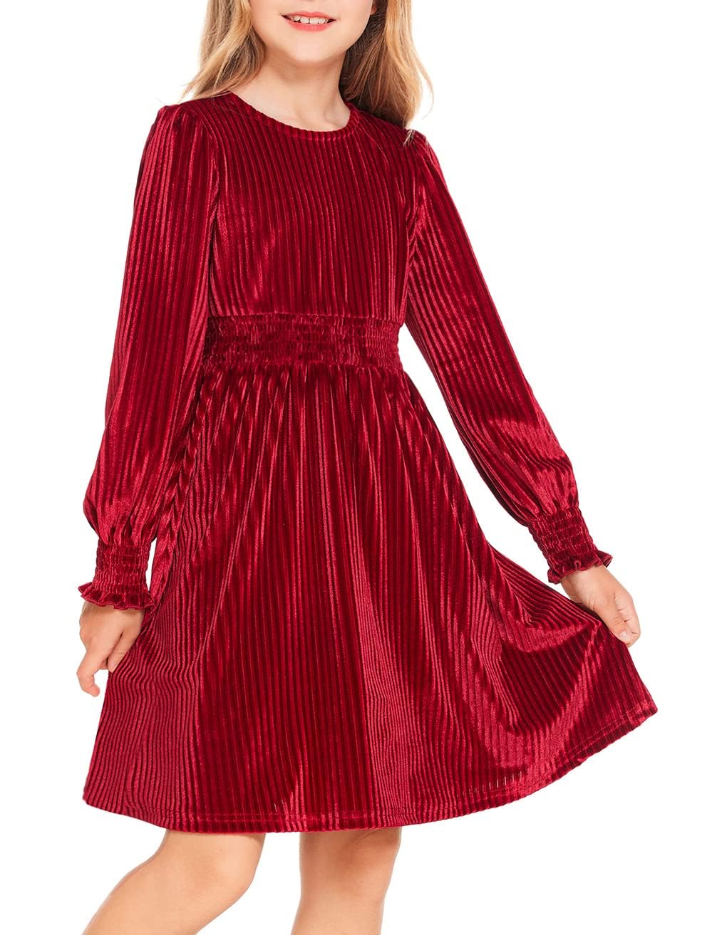 Arshiner Girls Long Sleeve Dress Velvet Crew Neck Midi Fall Vintage Plain Dress for Kids 4-13Y