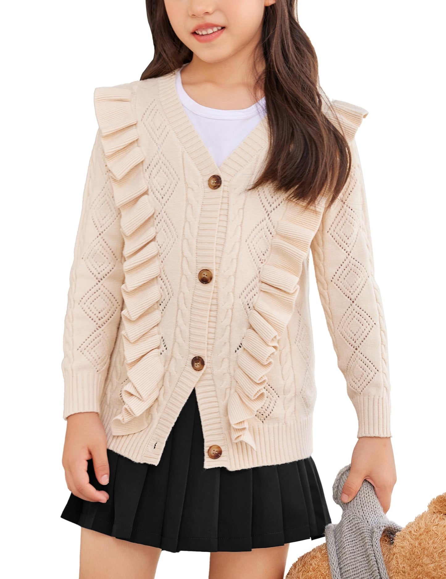 Arshiner Girls Cardigan Sweaters Ruffle School Uniform Sweater V Neck Button Front Outerwear 4-13 Years
