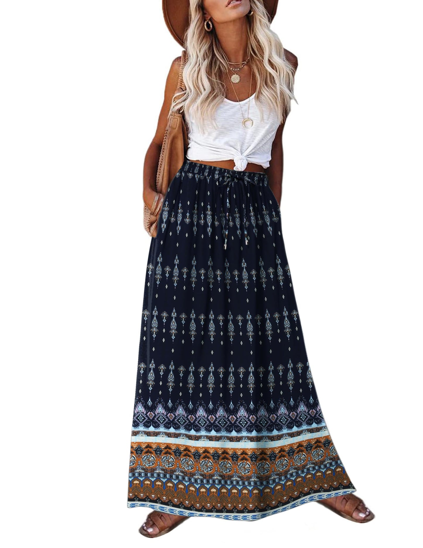 Zeagoo Women's 2025 Boho Floral Skirt Casual Elastic High Waist Maxi Skirts Flowy A Line Beach Long Skirt with Side Pockets