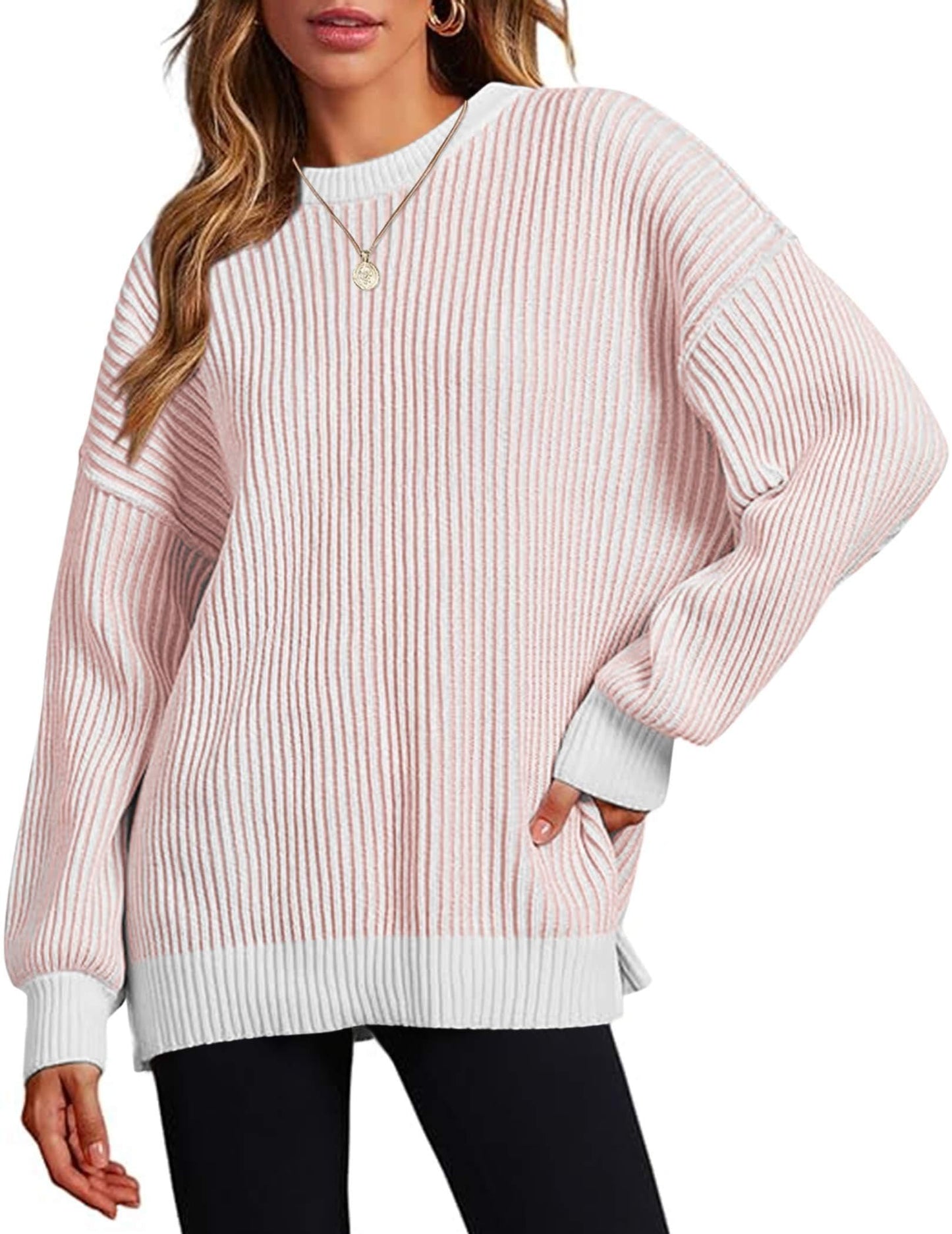 Zeagoo Women 2025 Fall Lightweight Oversized Sweater Crew Neck Long Sleeve Color Block Pullover Rib Knit Blouse Tops XS-2XL