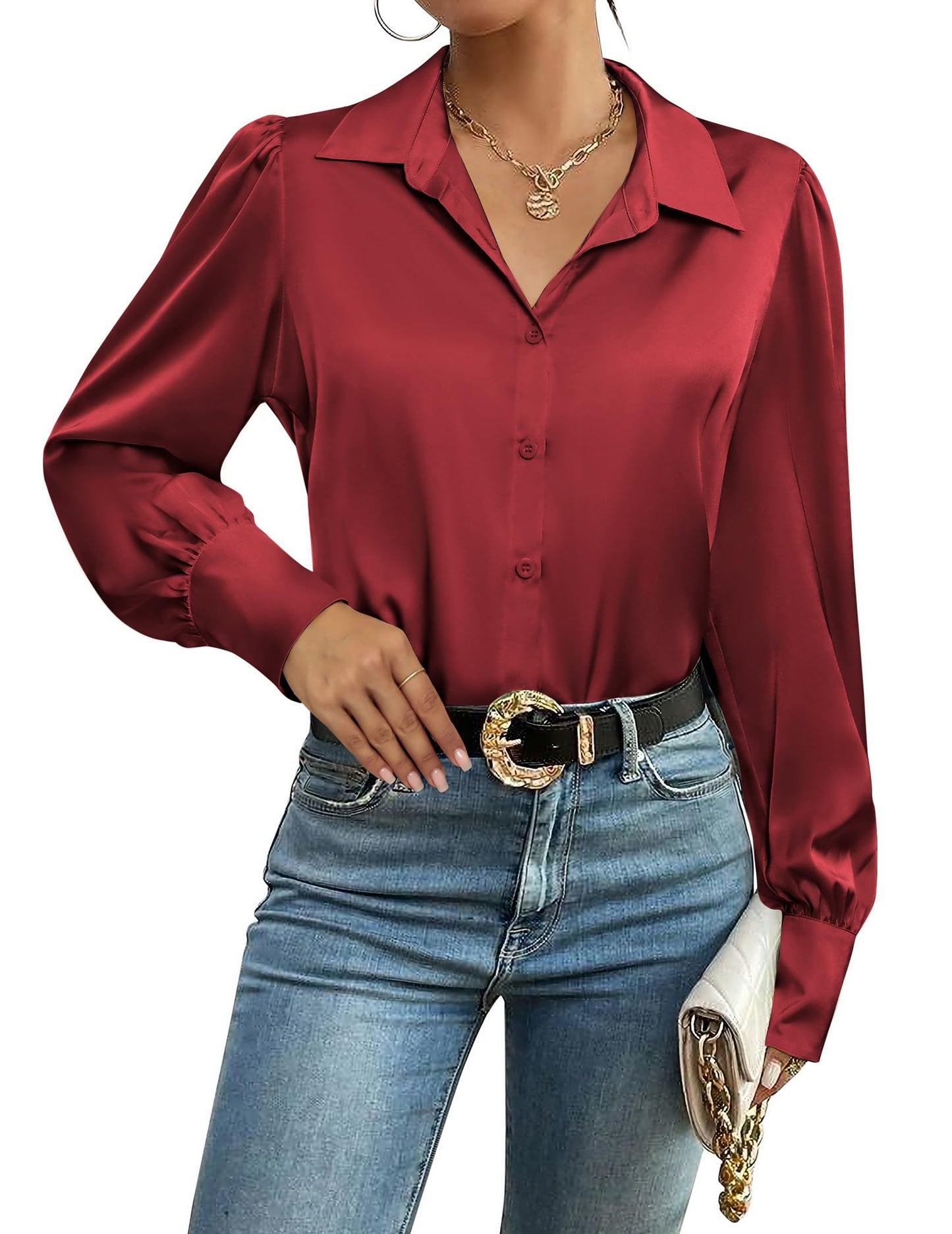 Zeagoo Womens Satin Blouse Lantern Long Sleeve Silk Button Down Shirt Dressy Casual Business Work Tunic Tops