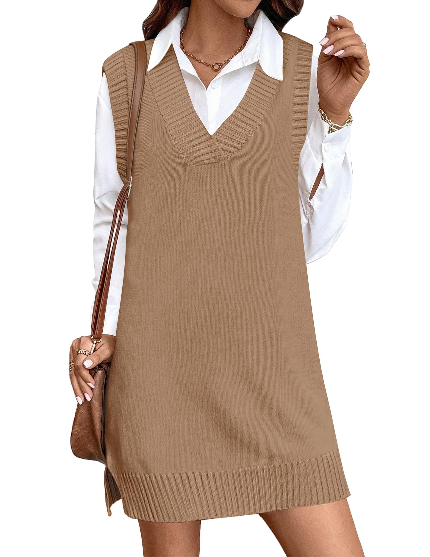 Zeagoo Women Sweater Vest Dress 2025 Sleeveless Sweater Dress V Neck Knit Vests Fashion Fall Casual Dresses Oversized