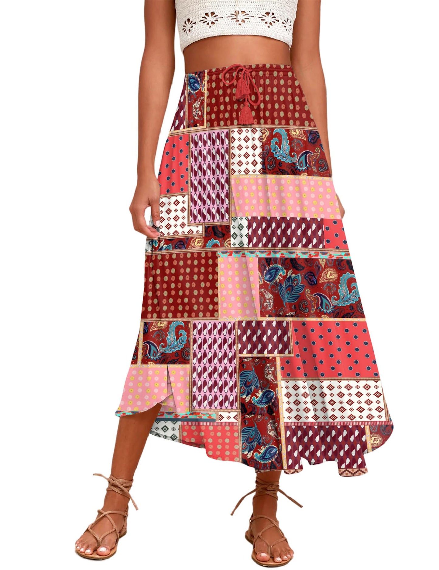 Zeagoo Womens Flowy Pleated Skirts A Line Elastic High Waisted Midi Skirt Boho Casual Long Skirts Brown Leaf Print XXL