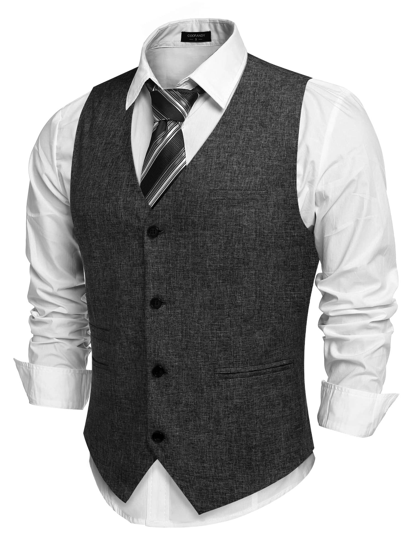 COOFANDY Men's Herringbone Tailored Waistcoat Single Breasted Classic Dress Vest Grey Large