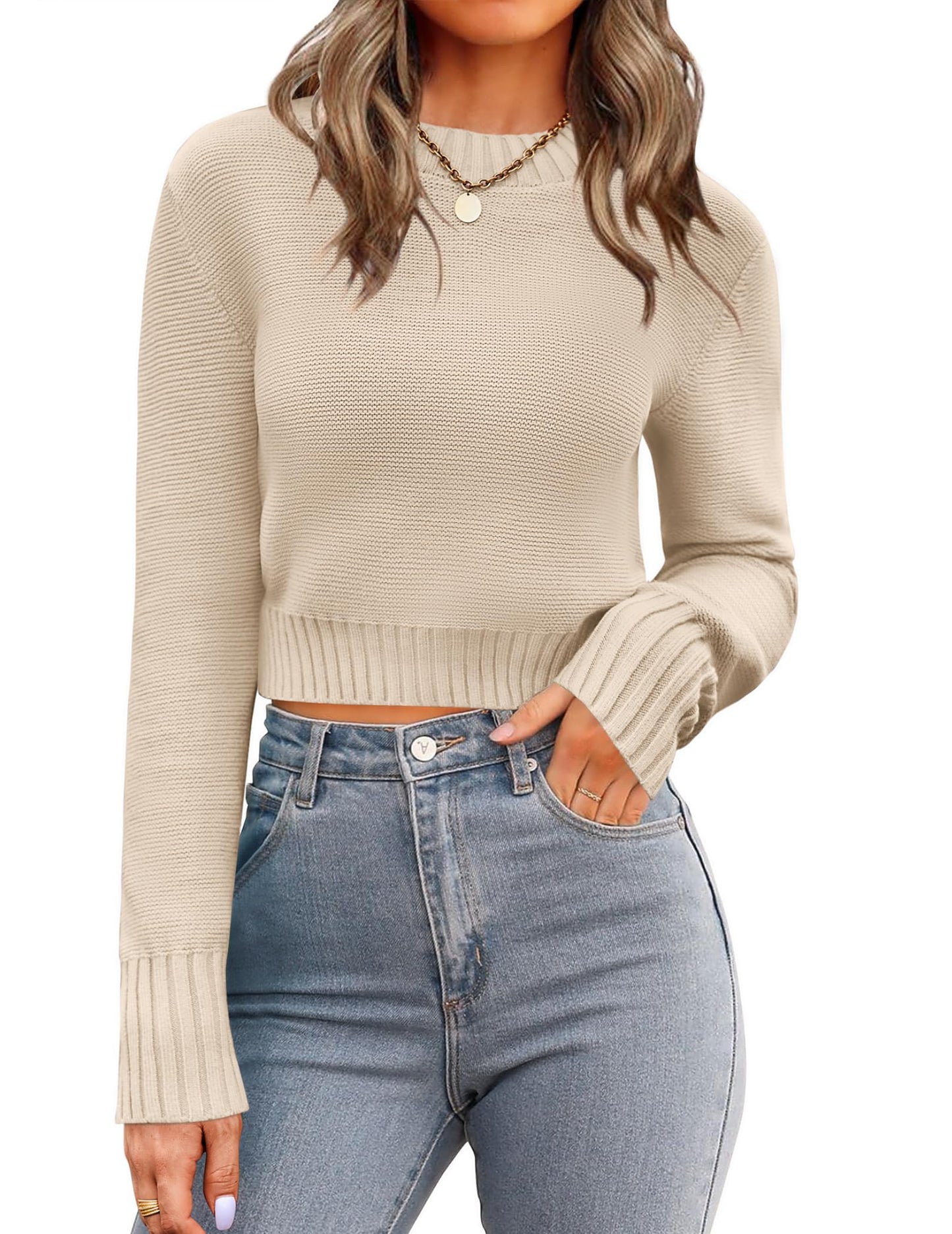 Zeagoo Women's 2025 Fall Crewneck Cropped Sweater Trendy Long Sleeve Ribbed Knit Pullover Jumper Tops