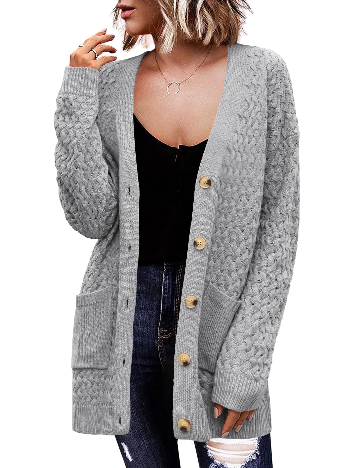Zeagoo Womens 2025 Long Sleeve Chunky Cable Knit Fall Cardigans Sweaters Button Down Open Front Outerwear with Pockets