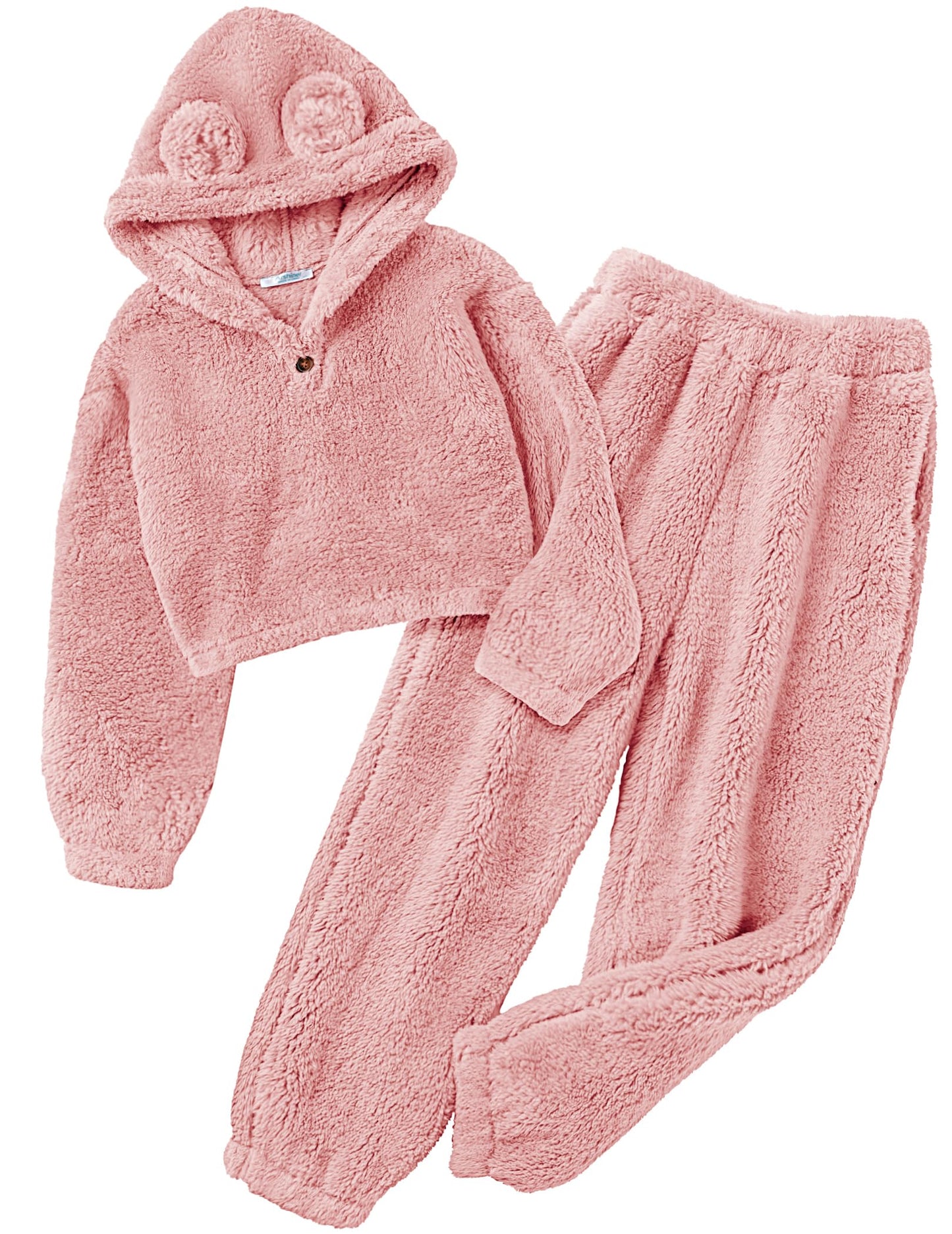Arshiner Girls 2 Piece Outfits Sweatsuit Fuzzy Long Sleeve Bear Ear Hoodie Sweatshirt and Sweatpant Kids Clothing Sets