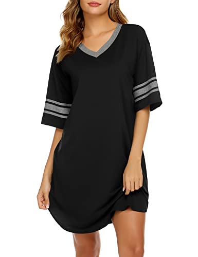 Ekouaer Womens Nightgown Cotton Sleepwear Short Sleeve Sleep Shirt V Neck Color Block Nightshirt