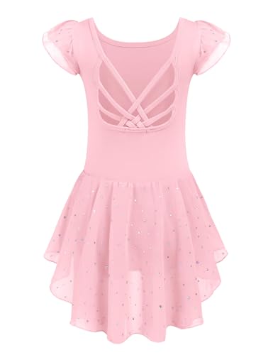 Arshiner Girls Shiny Ruffle Sleeve Ballet Leotard with Skirt Criss-Cross Back Dance Dresses