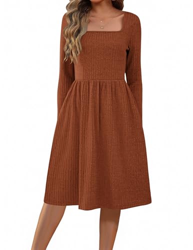 Zeagoo Womens Casual Sweater Dress Square Neck Knit Long Sleeve Dress with Pockets A-Line Knee Length Fall Winter Dress