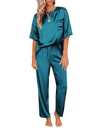 Ekouaer Womens Satin Silky Pajama Set Short Sleeve Shirt with Long Pajama Pant Set Soft PJ Loungewear