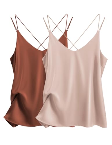 Ekouaer Satin Tank Tops for Women Silk Camisole Tops 2 Pack V Neck Spaghetti Strap Blouse Soft Dressy Camisole