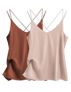 Ekouaer Satin Tank Tops for Women Silk Camisole Tops 2 Pack V Neck Spaghetti Strap Blouse Soft Dressy Camisole