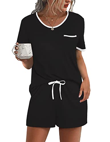 Ekouaer Pajama Set for Women 2 Piece Lounge Set Short Sleeve Tops and Shorts Soft Sleepwear Chest Pocket