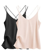 Ekouaer Satin Tank Tops for Women Silk Camisole Tops 2 Pack V Neck Spaghetti Strap Blouse Soft Dressy Camisole