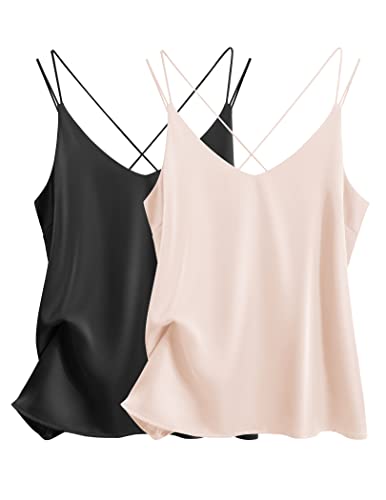 Ekouaer Satin Tank Tops for Women Silk Camisole Tops 2 Pack V Neck Spaghetti Strap Blouse Soft Dressy Camisole