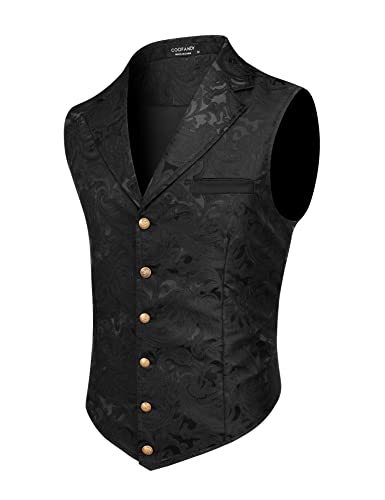 COOFANDY Black Suit Vest Men Paisley Floral Waistcoat Formal Tuxedo Suit Vests Gothic Steampunk Vest Black, X-Large