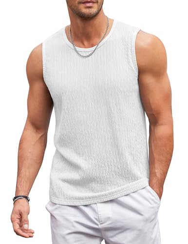 COOFANDY Men Casual Tank Top Textured Knit Sleeveless Shirt Lightweight Tee Fitted Tank Shirt White