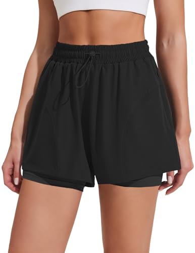 PINSPARK Athletic Shorts for Women High Waisted Workout Short 2 in 1 Running Shorts Gym Shorts with Zipper Pockets