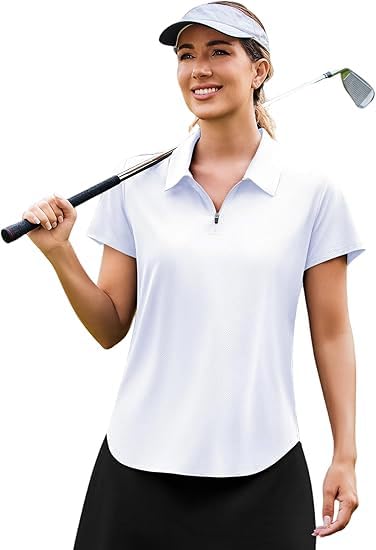 PINSPARK Womens Golf Shirts Short Sleeve Polo Moisture Wicking Tops V-Neck with Collar Shirts Tennis Outfits