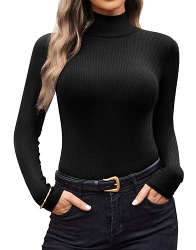 Ekouaer Women Turtleneck Shirt Long Sleeve Layer Tops Basic Ribbed Tees Soft Stretch Thermal Undershirts Lightweight Blouse