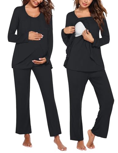 Ekouaer Maternity Nursing Pajama Set Long Sleeve Top & Pants with Pockets Breastfeeding Sleepwear Double Layer Pregnancy