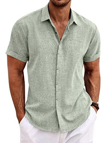 COOFANDY Men's Beach Shirt Button Up Shirts Casual Short Sleeve Slim Fit Summer Shirts Light Green