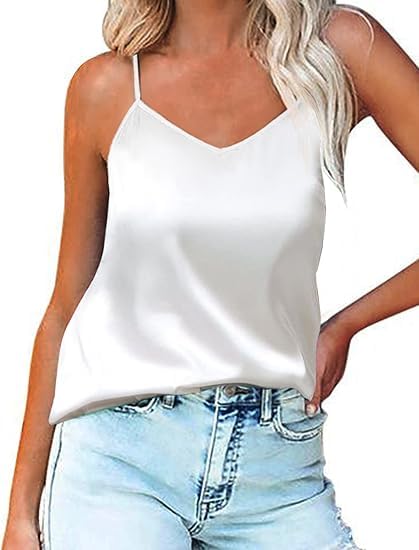 Ekouaer Womens Silk Satin Tank Tops V Neck Camisole Spaghetti Strap Top Summer Basic Blouse