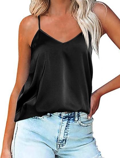 Ekouaer Womens Silk Satin Tank Tops V Neck Camisole Spaghetti Strap Top Summer Basic Blouse