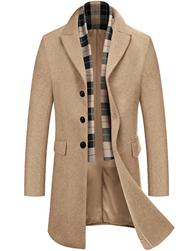COOFANDY Men's Wool Blend Coat with Detachable Plaid Scarfs Notched Collar Single Breasted Pea Coat Black M