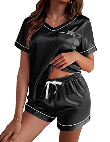 Ekouaer Silk Pajama for Women Short Sleeve Satin Pj Set Two Piece Soft Sleepwear Loungewear S-XXL