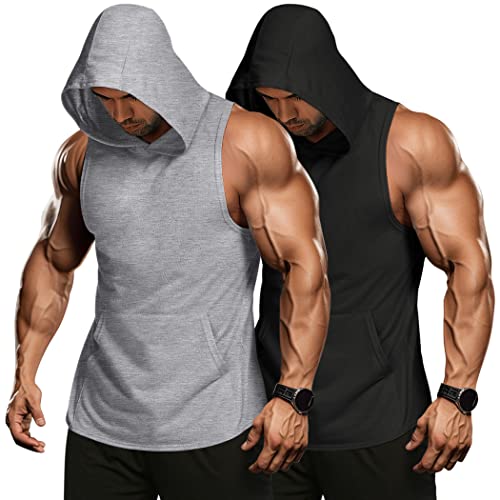 COOFANDY Men's 2 Pack Workout Hooded Tank Tops Bodybuilding Muscle Cut Off T Shirt Sleeveless