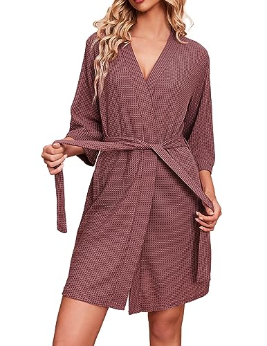 Ekouaer Robes for Women Waffle Knit Bathrobe Soft Lightweight Knee Length Loungewear S-XXL