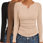 Ekouaer Women's Long Sleeve Henley Shirts Button Ribbed Knit Tops Basic Layering Slim Fit Soft Thermal Underwear Tops