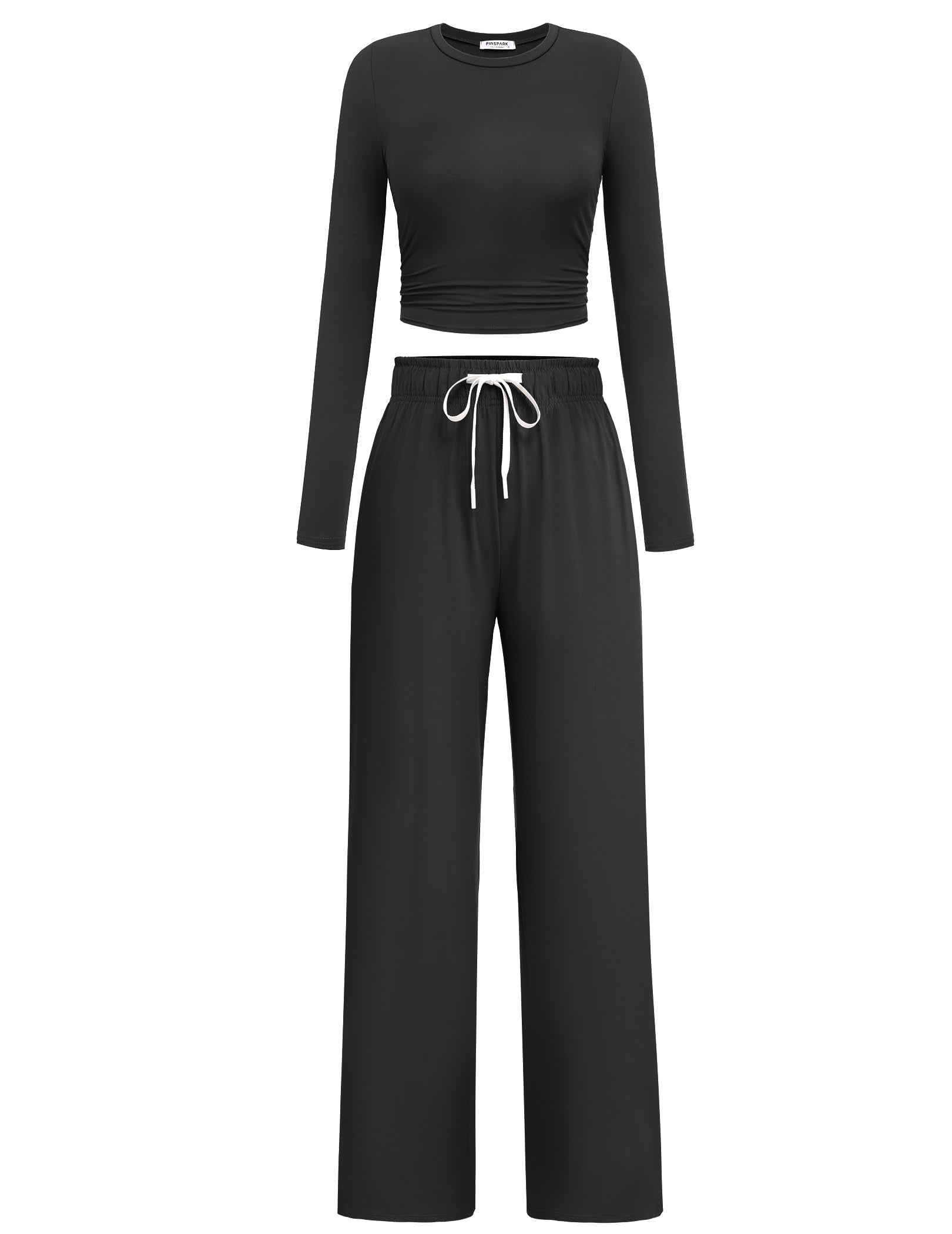 PINSPARK Women 2 Piece Lounge Set Long Sleeve Cropped Top Wide Leg Pants with Pockets 2024 Fall Outfits Matching Tracksuit