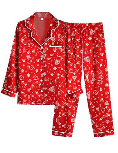 Ekouaer Women's Classic Button Down Long Satin Silk Pajama Set