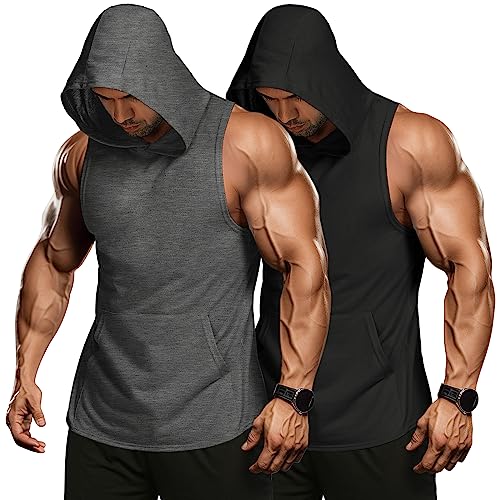 COOFANDY Men's 2 Pack Workout Hooded Tank Tops Bodybuilding Muscle Cut Off T Shirt Sleeveless