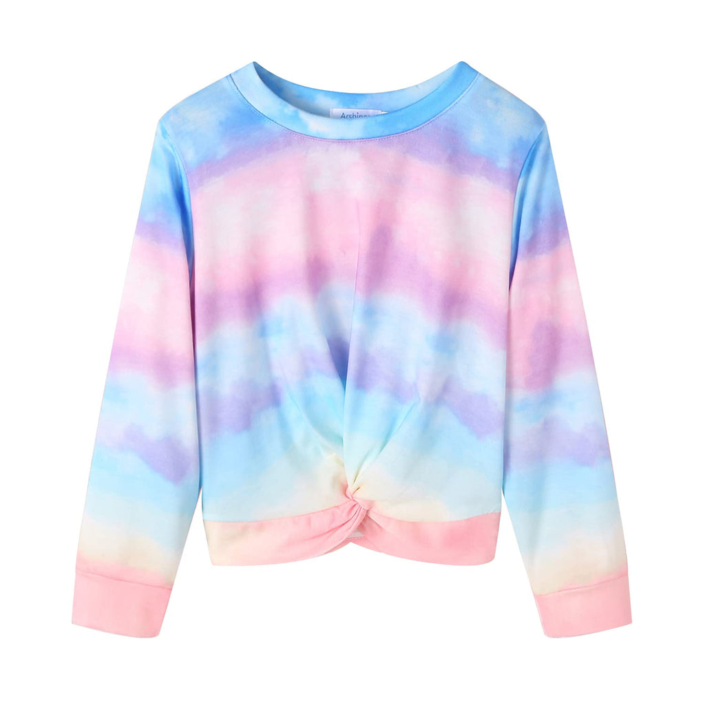 Arshiner Girls Casual Twist Front Lightweight Sweatshirt Tie Dye Printed Long Sleeve Crop Tops Pullover