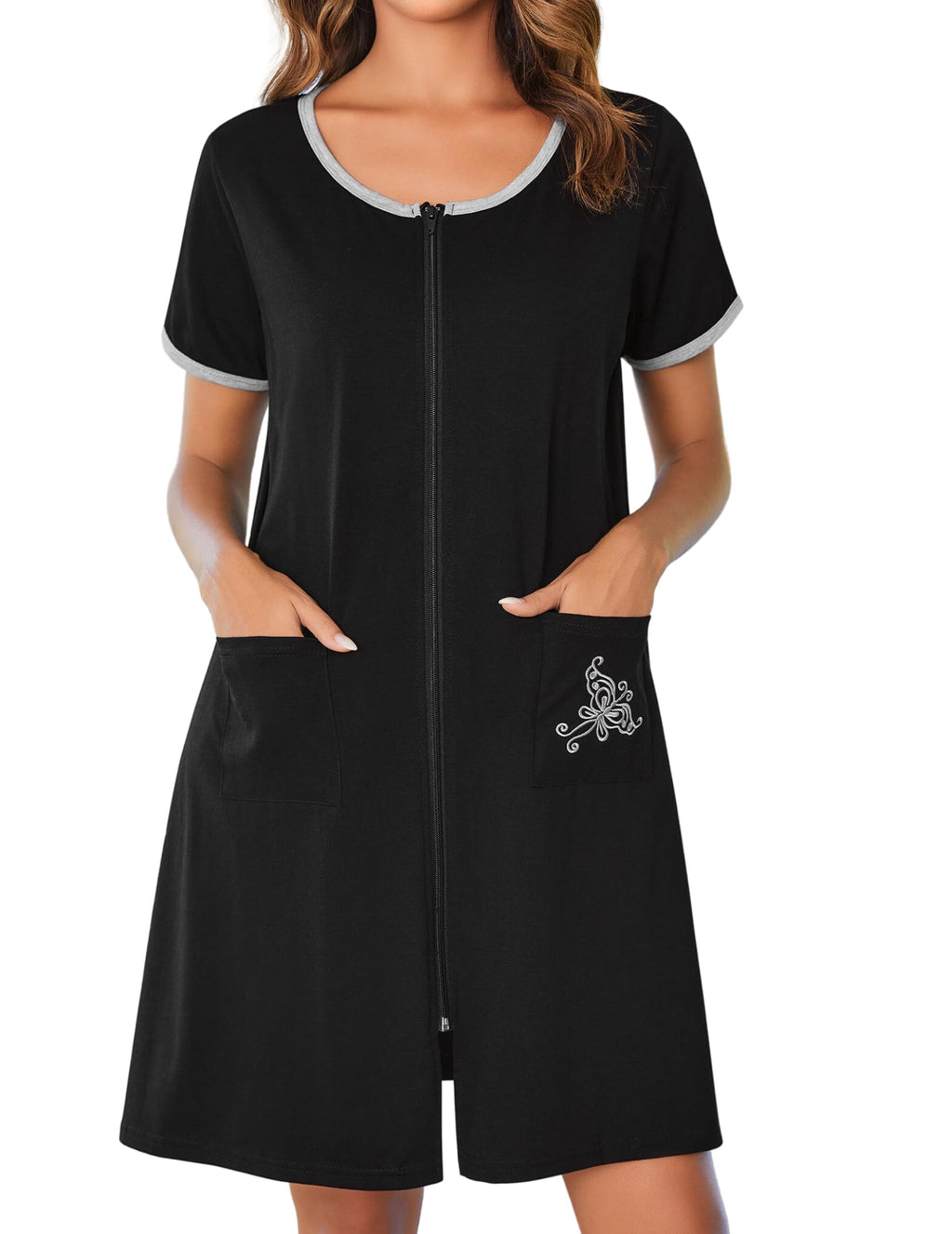 Ekouaer Zip Up Robes for Women Short Sleeves Zipper House Coat Short Bathrobes Lightweight Nightgown with Pockets S-3XL