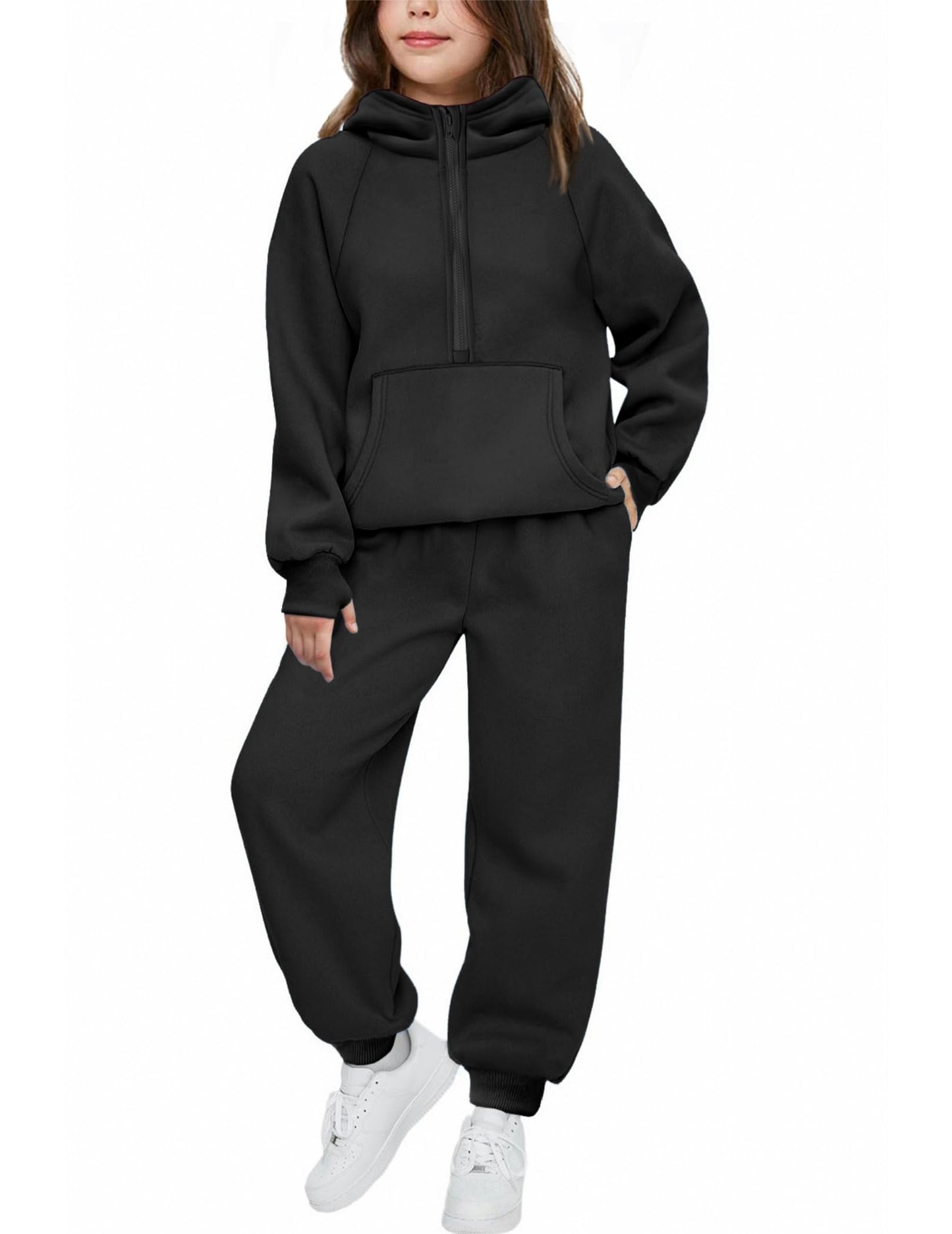 Arshiner Girls 2 Piece Outfits Tracksuit Drop Shoulder Hoodie Half Zip Sweatshirt and Sweatpants Joggers Set with Pockets