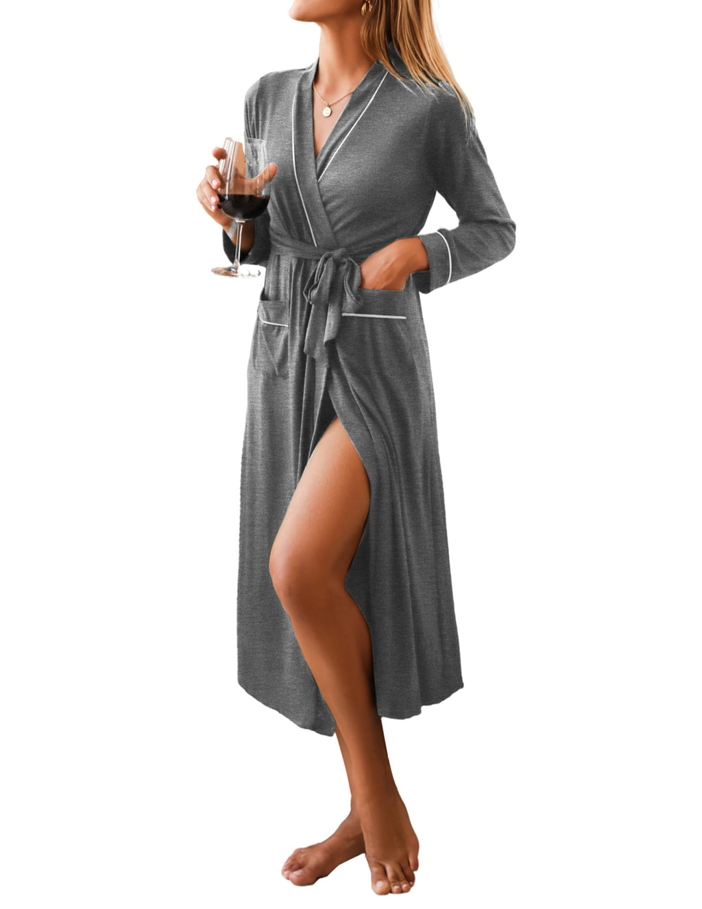Ekouaer Women Kimono Robes Full Length Knit Bathrobe Lightweight Soft Sleepwear V-neck Casual Ladies Loungewear S-XXL
