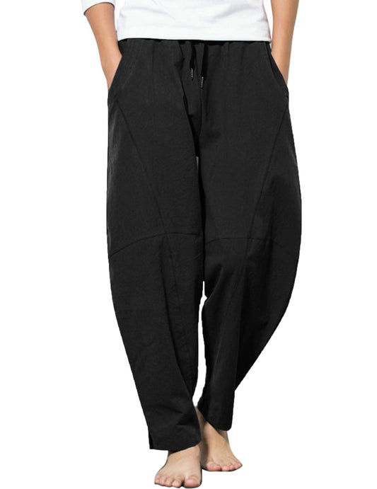 COOFANDY Men Linen Beach Pant Lightweight Wide Leg Casual Harem Pant with Pocket A - Black