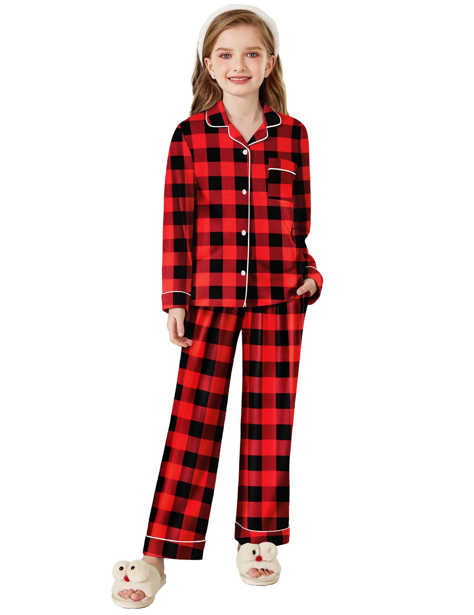 Arshiner Pajamas Set for Girls Plaid Long Sleeve Lounge Set Button Down Pj Sets