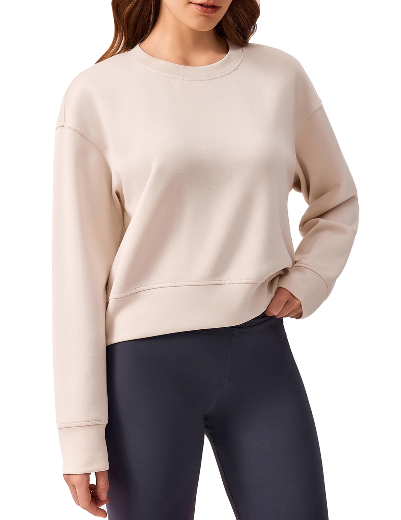 PINSPARK Soft Crewneck Cropped Sweatshirt for Women Long Sleeve Relaxed Lightweight Basic Crop Tops 2025