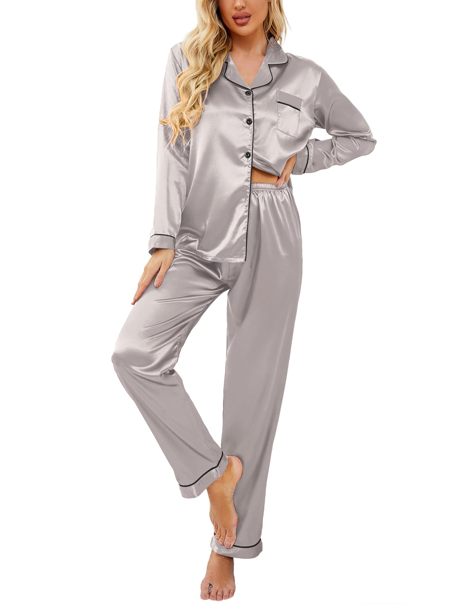 Ekouaer Women's Classic Button Down Long Satin Silk Pajama Set